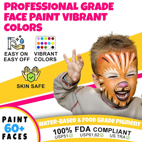Drawdart Face Painting Kit for Kids - 15 Colors Non-Toxic Water Based Face Paint with Stencils & Brushes - Parties, Birthdays, Halloween Face Body Makeup Kit