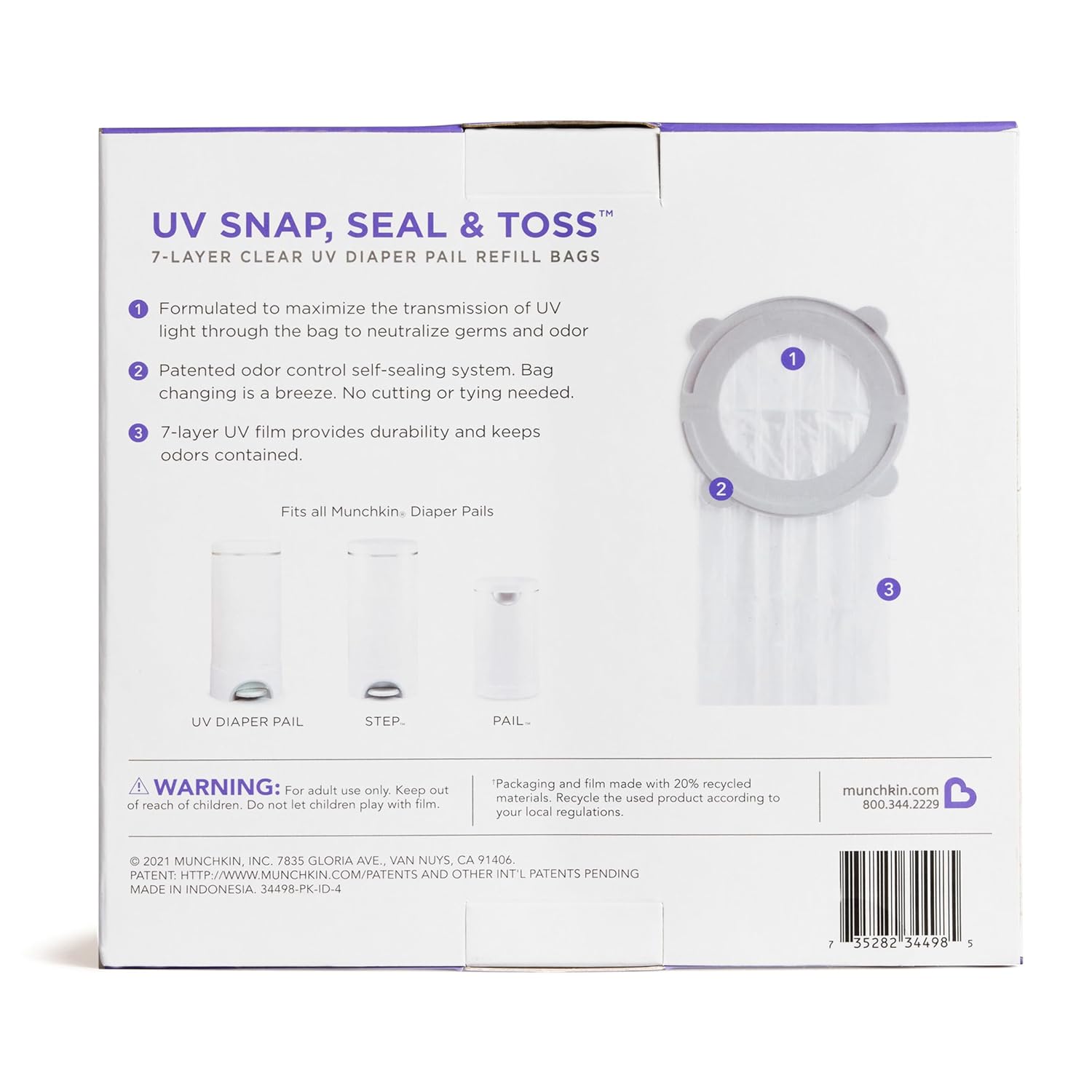 Munchkin® UV Snap, Seal & Toss™ Diaper Pail Refill Bags, Holds up to 600 Newborn Diapers, 20 Pack