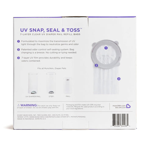 Munchkin® UV Snap, Seal & Toss™ Diaper Pail Refill Bags, Holds up to 600 Newborn Diapers, 20 Pack