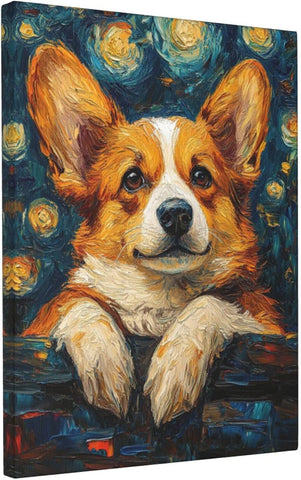 Corgi Starry Night Canvas Wall Art Animal Pictures for Kitchen Living Room Bedroom Bathroom Office,Corgi Abstract Print Dog Painting Home Modern Art Work Framed Wall Art Decor 16" x 12"