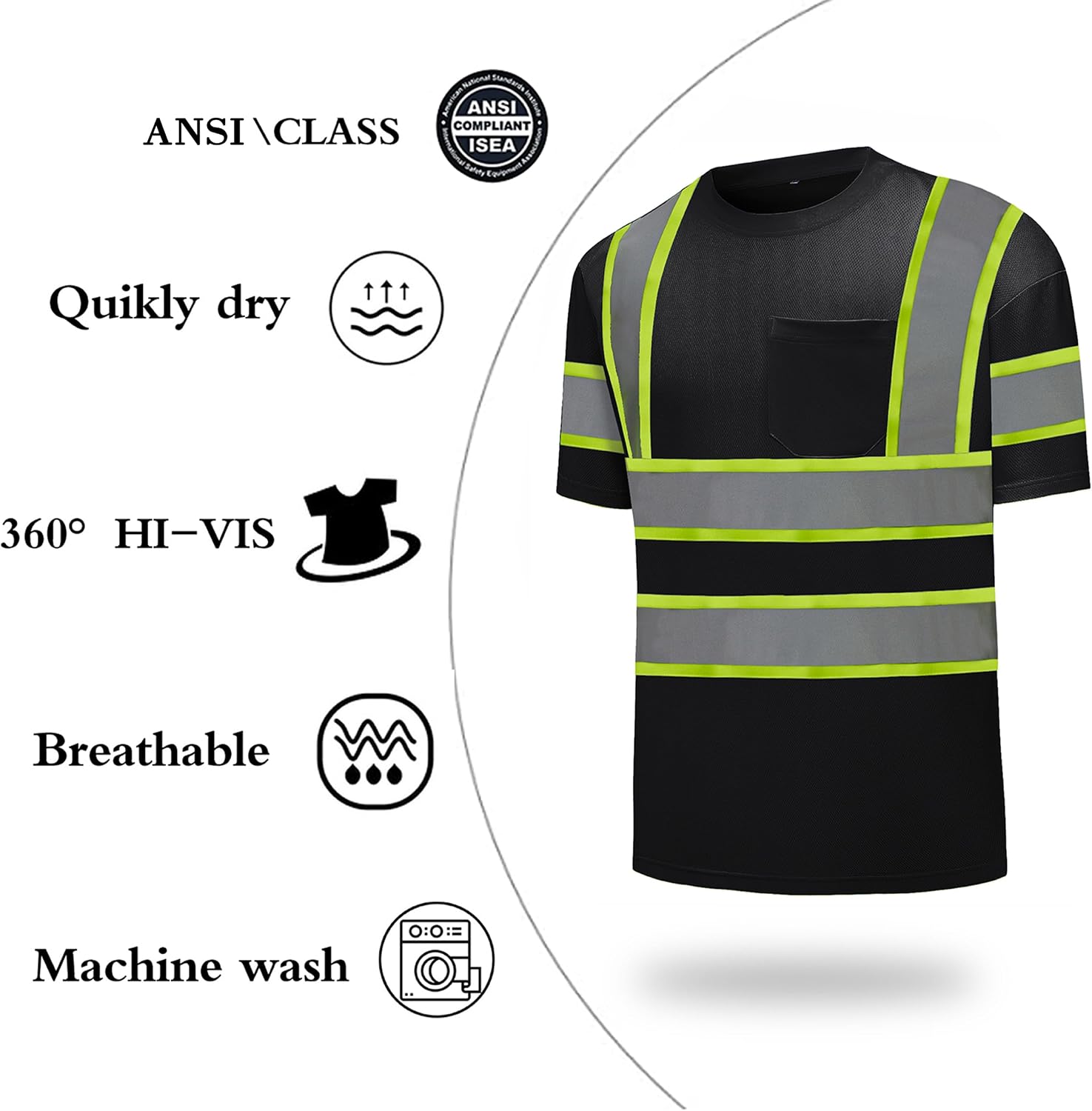 High Visibility Shirts Quick Dry Safety T Shirts with Reflective Strips and Pocket Short Sleeve Mesh Hi Vis Construction Work Class 2 Shirt for Men/Women Black,XL