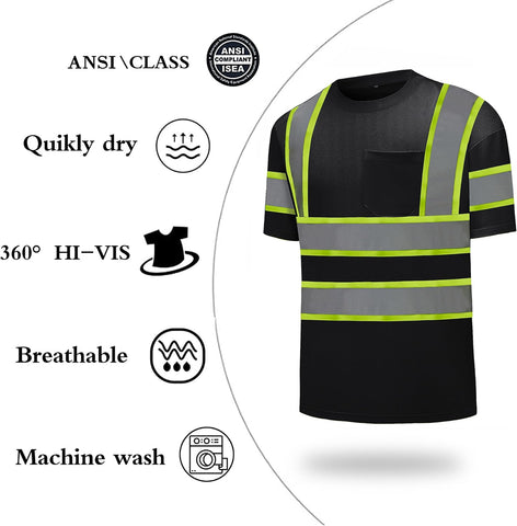 High Visibility Shirts Quick Dry Safety T Shirts with Reflective Strips and Pocket Short Sleeve Mesh Hi Vis Construction Work Class 2 Shirt for Men/Women Black,XL