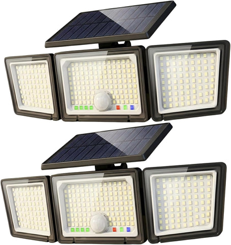 Solar Outdoor Lights Motion Sensor, 2500LM 286 LED Security Flood Lights with Visual Battery & Mode Display, 3 Lighting Modes, IP65 Waterproof 3-Head Wide Angle for Garage, Yard, Patio (2 Pack)