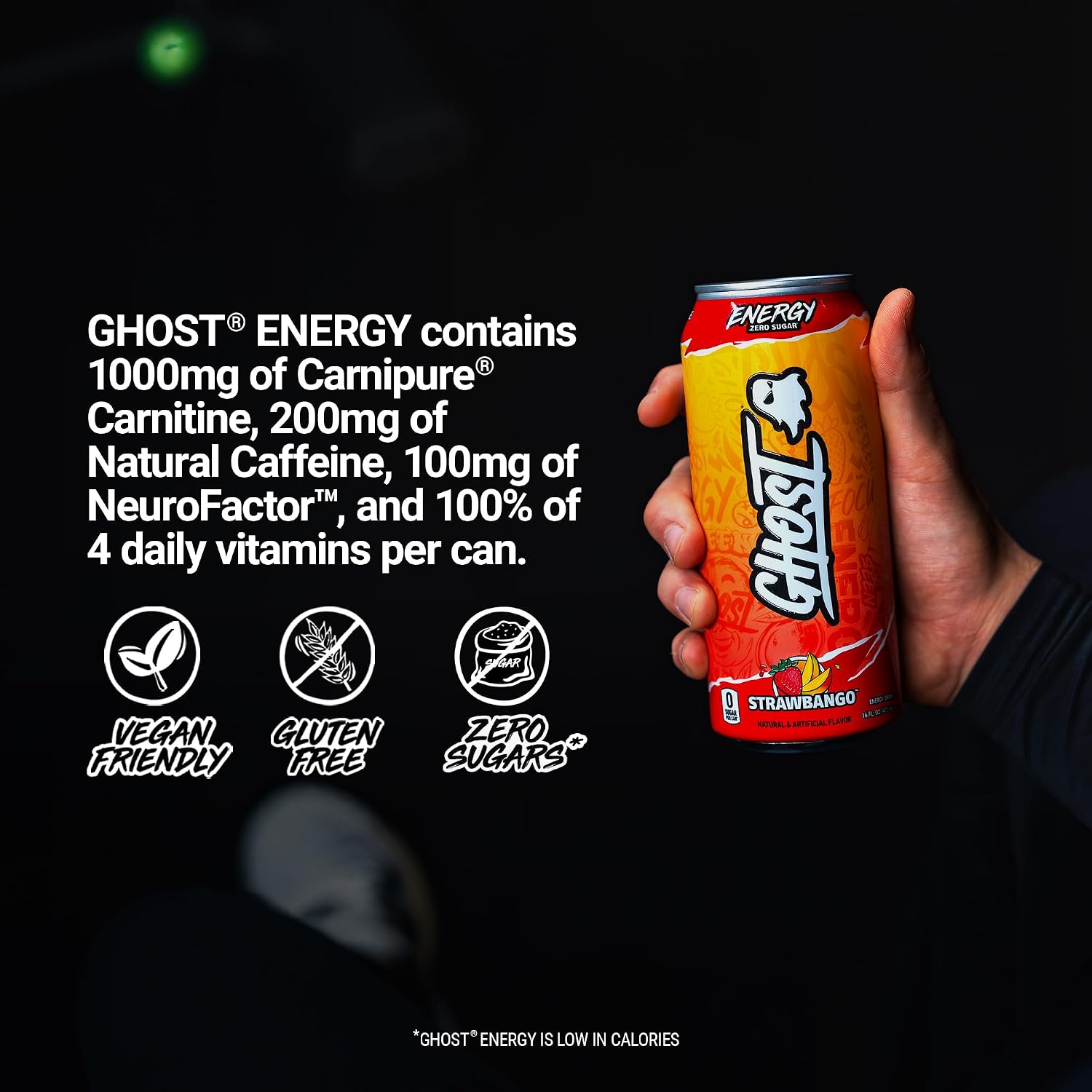 GHOST Energy Drink, Zero Sugars, 12-Pack, Strawbango - 200MG Caffeine, 16oz