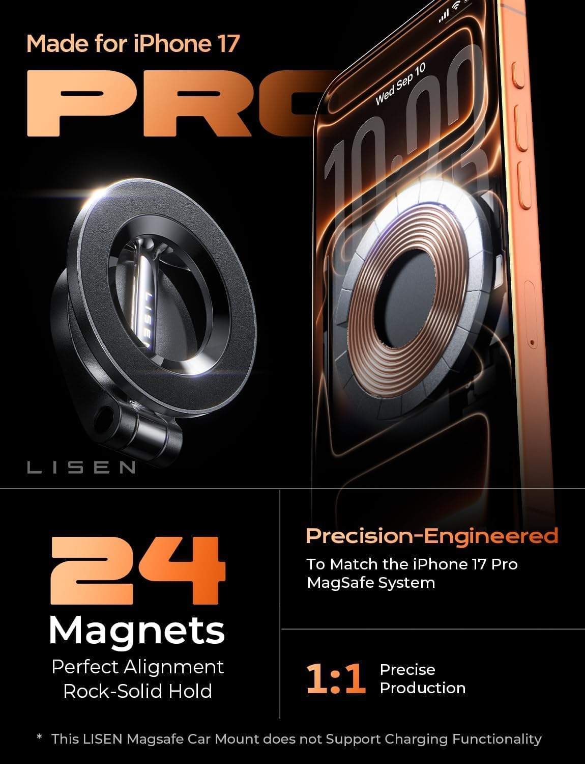 LISEN for MagSafe Car Mount for iPhone 17 Pro Max [24 Strong Magnets] Classic Magnetic Phone Holder for Car Dashboard Magnet Phone Mount Car Cell Phone Holder for iPhone 17 Pro Max Air 16 15 14 13 12