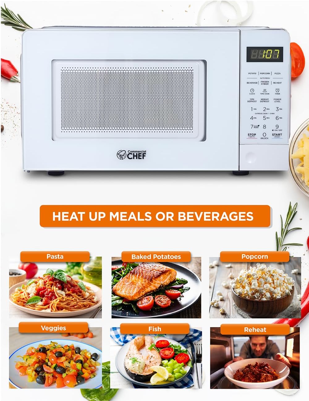 Commercial Chef 0.7 Cu. Ft. Countertop Microwave Oven, CHM770W, White