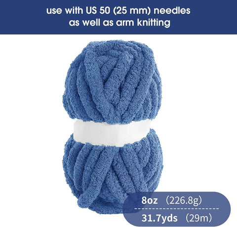HOMBYS Country Blue Chunky Chenille Yarn for Crocheting and Knitting, Super Bulky Hand Knitting Blanket Yarn, Soft Plush, Jumbo Pack (27 yds, 8 oz Each Skein)