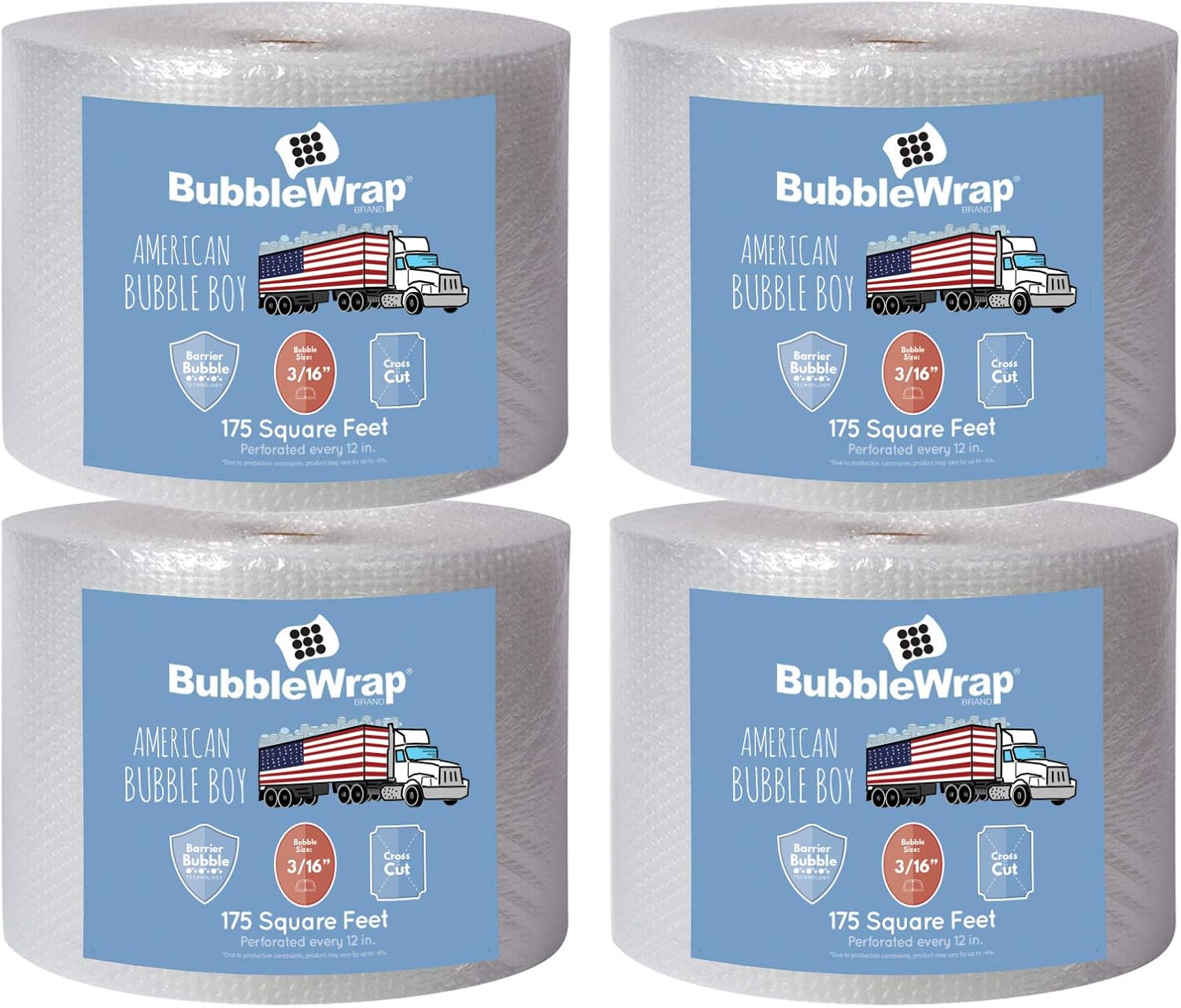 4 large rolls of Bubble Wrap total 700 feet, small bubbles 3/16 cushioning, 700 ft, heavy duty, perforated Every 12" Made in the USA by American Bubble Boy, bulk packaging wrap for moving and shipping