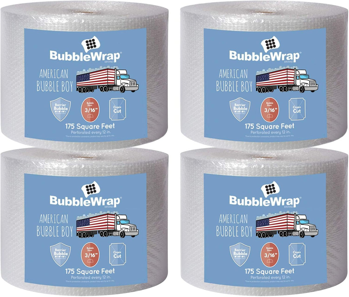 4 large rolls of Bubble Wrap total 700 feet, small bubbles 3/16 cushioning, 700 ft, heavy duty, perforated Every 12" Made in the USA by American Bubble Boy, bulk packaging wrap for moving and shipping