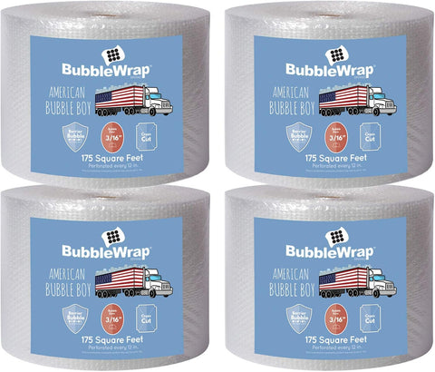 4 large rolls of Bubble Wrap total 700 feet, small bubbles 3/16 cushioning, 700 ft, heavy duty, perforated Every 12" Made in the USA by American Bubble Boy, bulk packaging wrap for moving and shipping