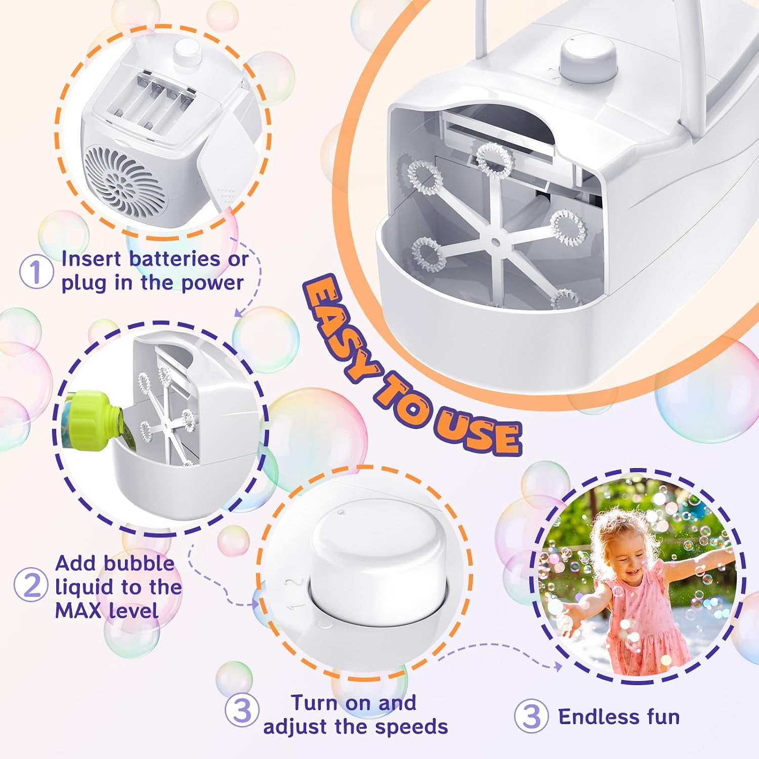 Bubble Machine for Kids, Bubble Blower for Parties and Weddings (White)