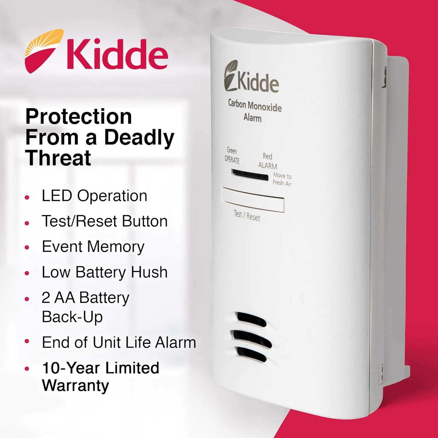 Kidde Carbon Monoxide Detector, Plug-in Carbon Monoxide Detector with AA Battery Backup, 85 dB Alarm, LED Status Light Indicators, 3rd Edition