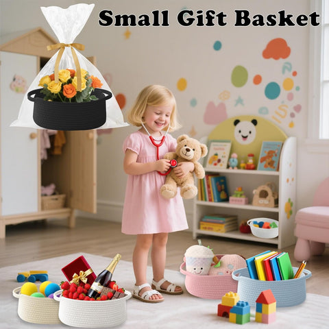 Black Woven Rope Basket - Baby Gift Basket with Bag & Ribbon