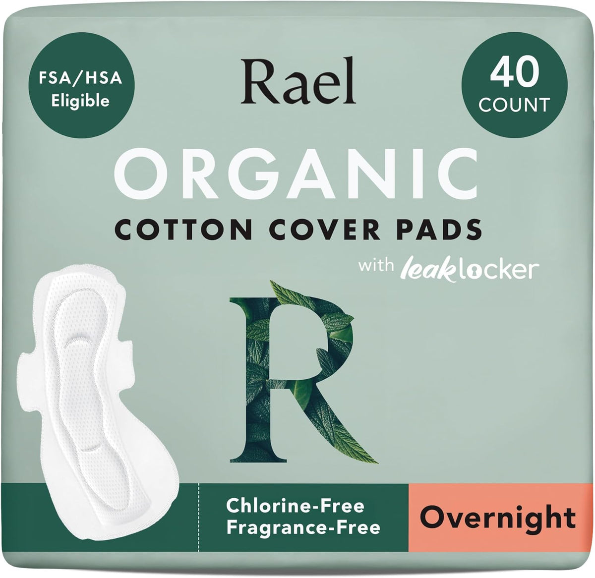 Rael Organic Cotton Cover Sanitary Pads for Women, Heavy (Overnight, 40 Ct)