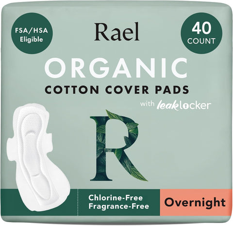 Rael Organic Cotton Cover Sanitary Pads for Women, Heavy (Overnight, 40 Ct)