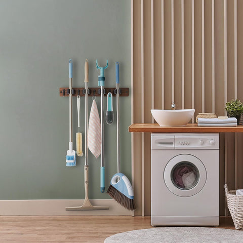 OUTNILI Mop and Broom Holder Wall Mount - Wood Broom Mop Hanger - Wall Mounted Garden Tool Rack Organizer for Closet Garage Laundry Room, Rustic Kitchen Decor With 4 Slots & 4 Hooks