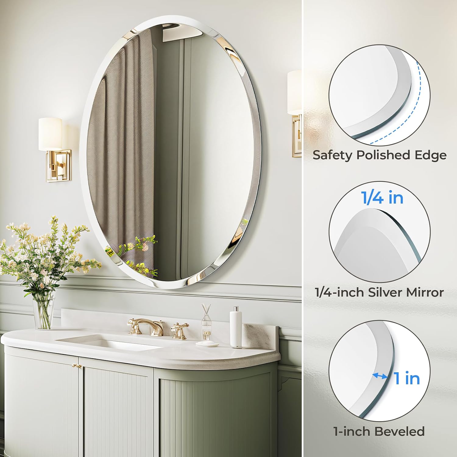 USHOWER Bathroom Mirror for Over Sink, 24x36 Inch Oval Frameless Mirror