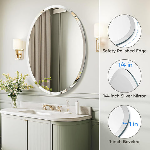 USHOWER Bathroom Mirror for Over Sink, 24x36 Inch Oval Frameless Mirror