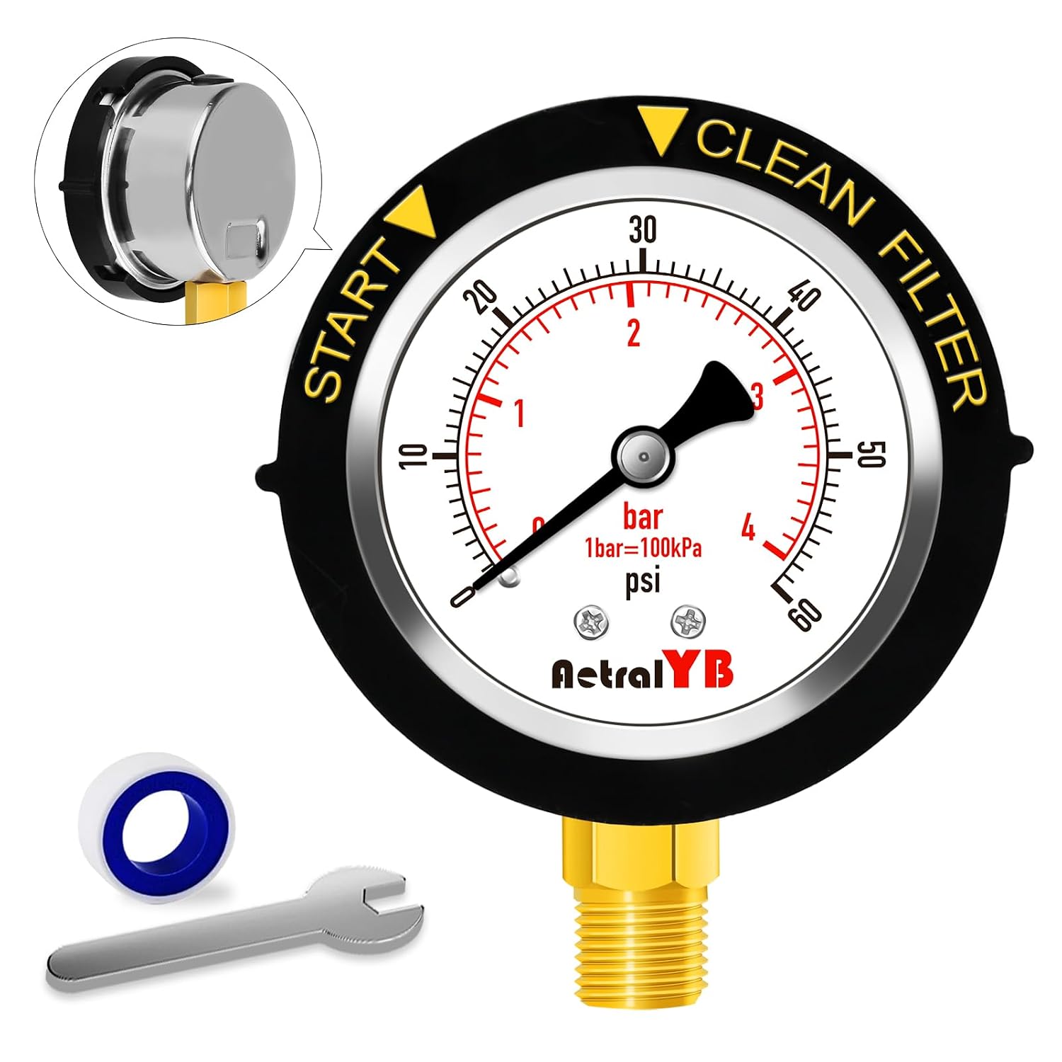 60Psi Pool Filter Pressure Gauge, IP67 Waterproof,2" Dial,1/4NPT