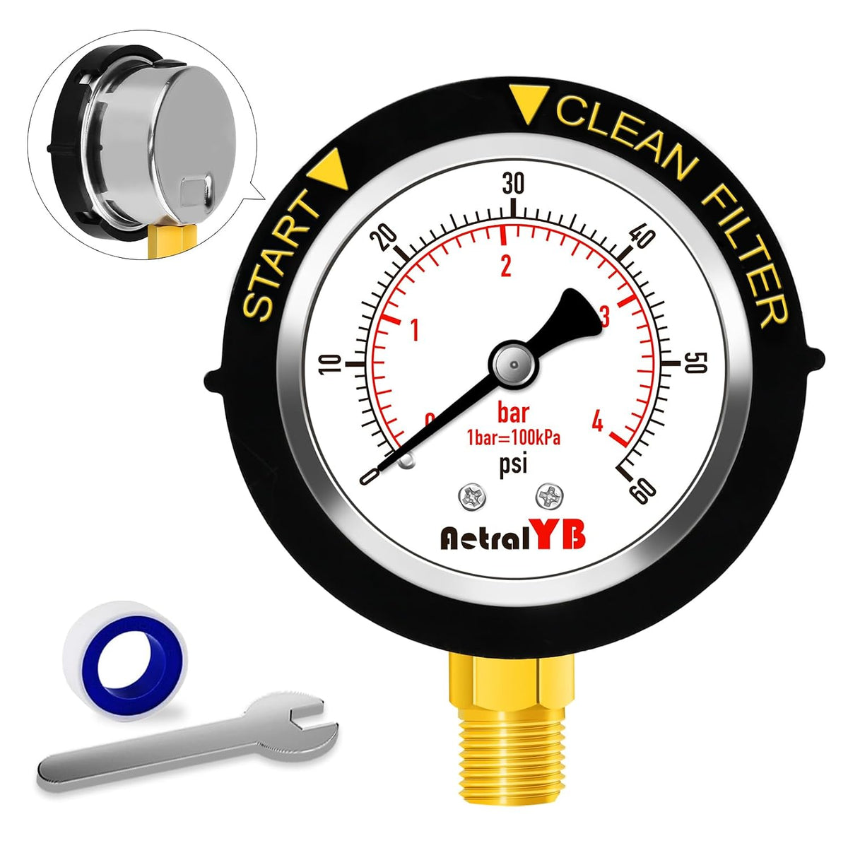 60Psi Pool Filter Pressure Gauge, IP67 Waterproof,2" Dial,1/4NPT