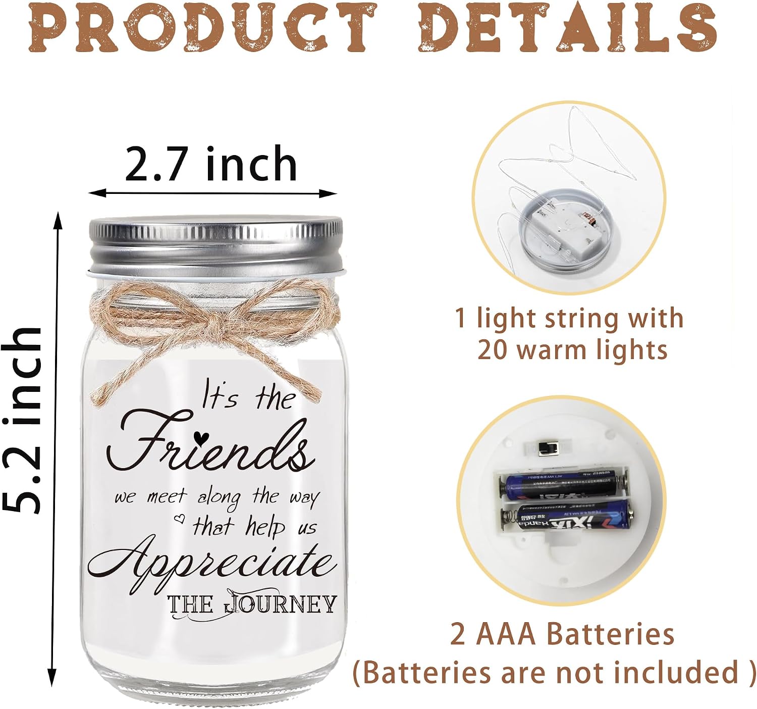 Birthday Gifts for Women Friendship, Mason Jar Night Lights for Friend, Thankgiving Gifts for Women, Suitable for Home Office Table Stands