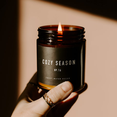 Sweet Water Decor Cozy Season Soy Candles - Fall Candles with Woods, Warm Spice, and Citrus Scent for Home Decor - Soy Candle with 40 Hours Burn Time - 9Oz Black Lid Amber Jar Candles Fall Scents