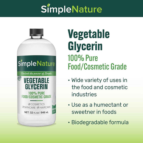 Simple Nature 100% Pure Vegetable Glycerin - 32 oz - Natural Pure Food/Cosmetic Grade for Skincare, Haircare, Cosmetics, Soapmaking, Crafts - Softening & Moisturizing Multipurpose Humectant