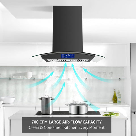 JOEAONZ 30 Inch Island Range Hood Black 700CFM, Gesture & Touch Panel Ceiling Mount Vent Hood, Stainless Steel Kitchen Exhaust Fan Convertible, Tempered Glass, LED lights, Permanent Baffle Filters