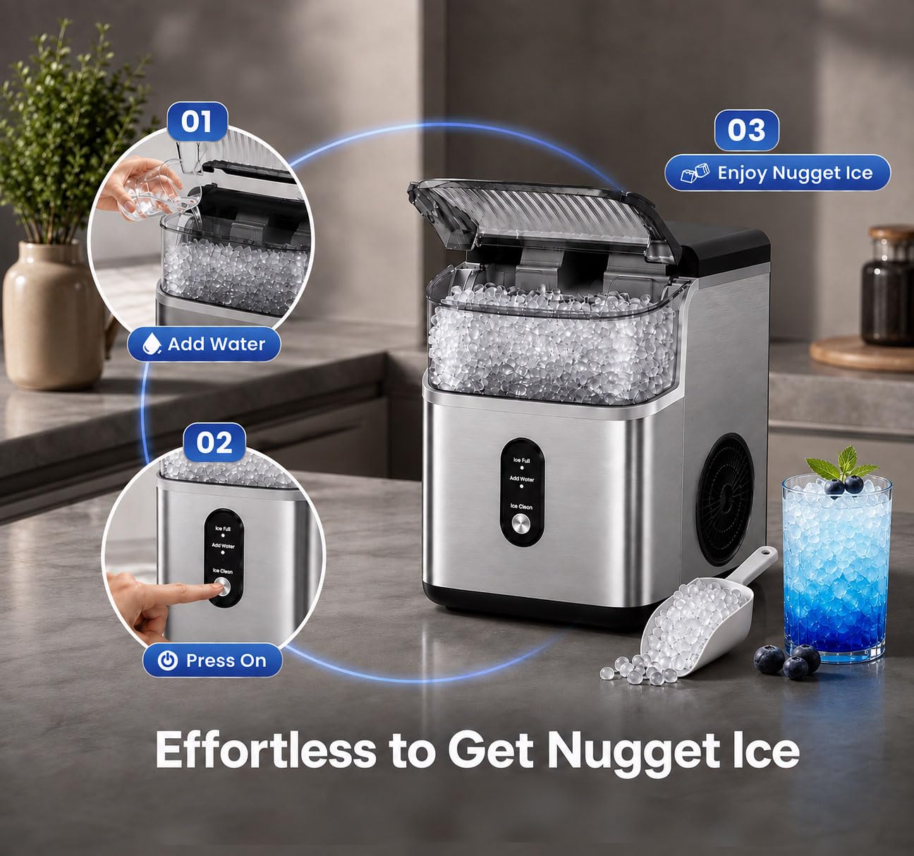 Nugget Ice Maker Countertop,35lbs/24H Portable Ice Machine with Crushed Ice
