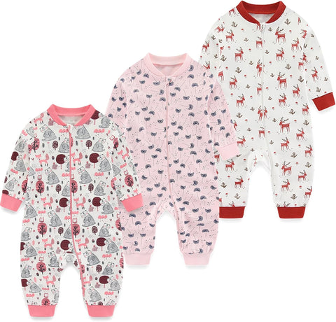 MAMIMAKA Newborn Baby 2-way Zipper Romper Cotton One-piece Jumsuit 3-pack, 0-24 Months