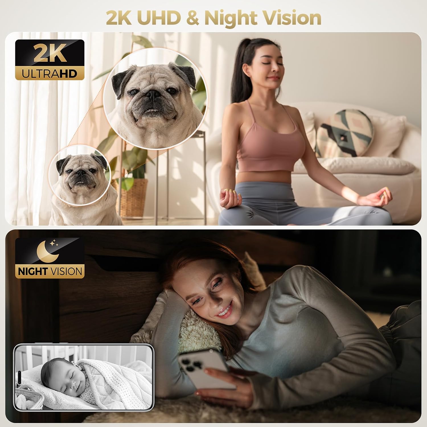 ZEEPORTE 2K Indoor Cameras for Home Security - Baby Monitor and Dog Pet Camera with Motion Detection, Night Vision, 2-Way Audio, Siren, Wired Security Camera (2-Pack)