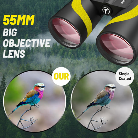 15x55 HD Binoculars for Adults High Powered,8° Wide Angle Binoculars,367/1000yds,BAK4 Prism FMC Lens,IPX7 Waterproof Binoculars for Bird Watching Hiking Travel Sports with Phone Adapter(Yellow)