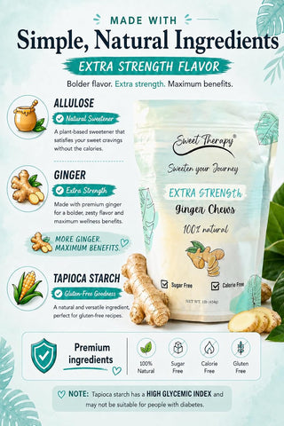 Sweet Therapy Extra strength Ginger Chews Sugar Free - Sugar free ginger candy - Zero Sugar Candy - Healthy snacks - Calorie free candy - Double Strength ginger candy - Extra strength ginger chews - 1LB - Extra strength flavor.