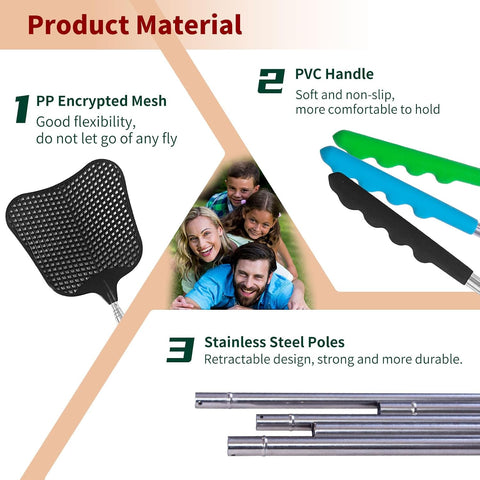 Fly Swatters 3 Pack, Durable Telescopic Stainless Steel Handle