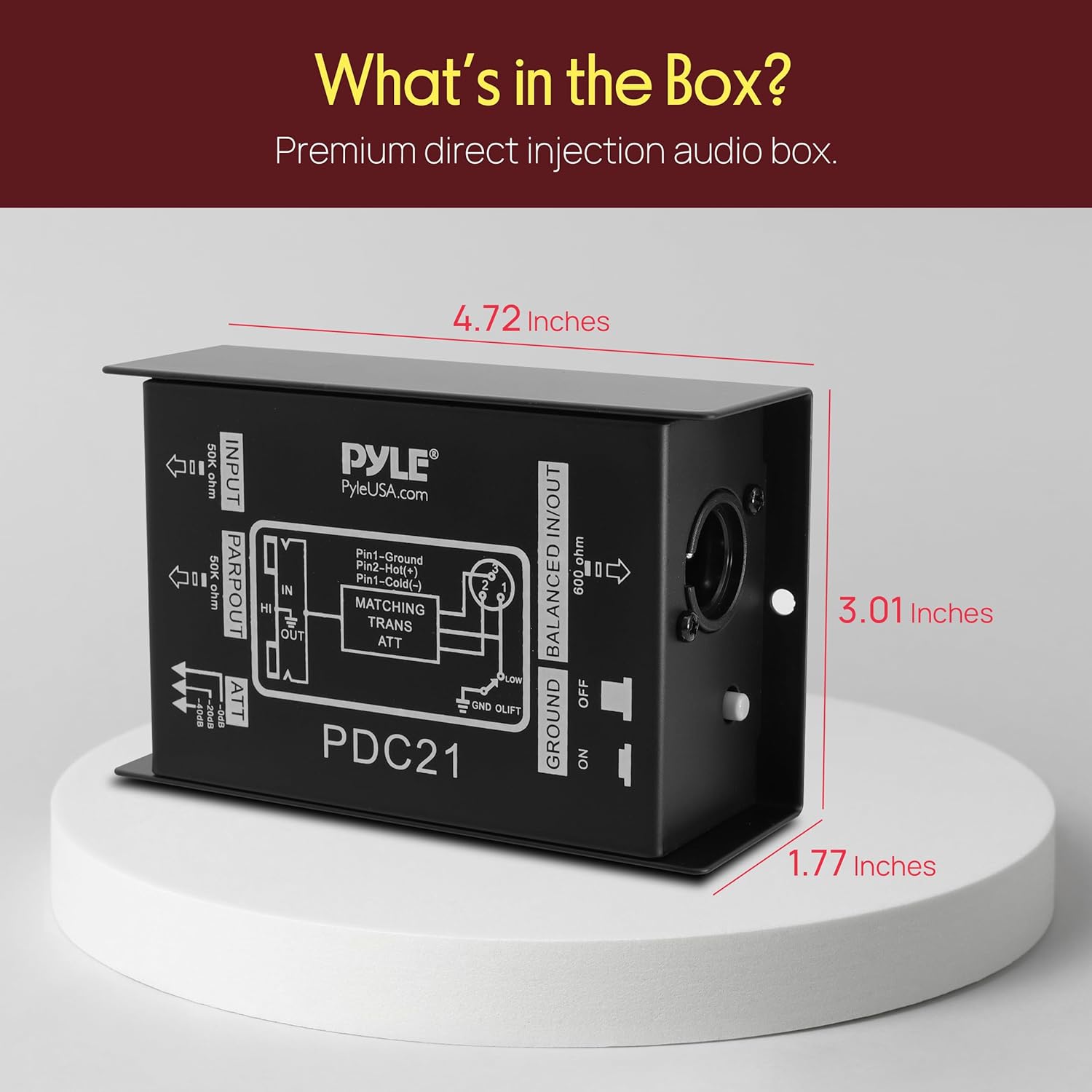 Pyle Premium Direct Injection Audio Box - 2.36" x 4.09" Passive DI Unit Hum Eliminator w/ Input Attenuator to Connect Guitar & Bass, 1/4'' Impedance Transformer Connector to Balanced & Unbalanced XLR