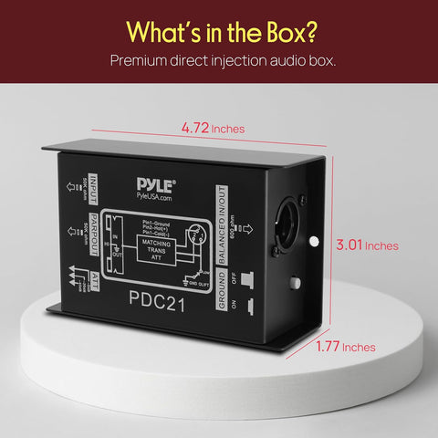 Pyle Premium Direct Injection Audio Box - 2.36" x 4.09" Passive DI Unit Hum Eliminator w/ Input Attenuator to Connect Guitar & Bass, 1/4'' Impedance Transformer Connector to Balanced & Unbalanced XLR