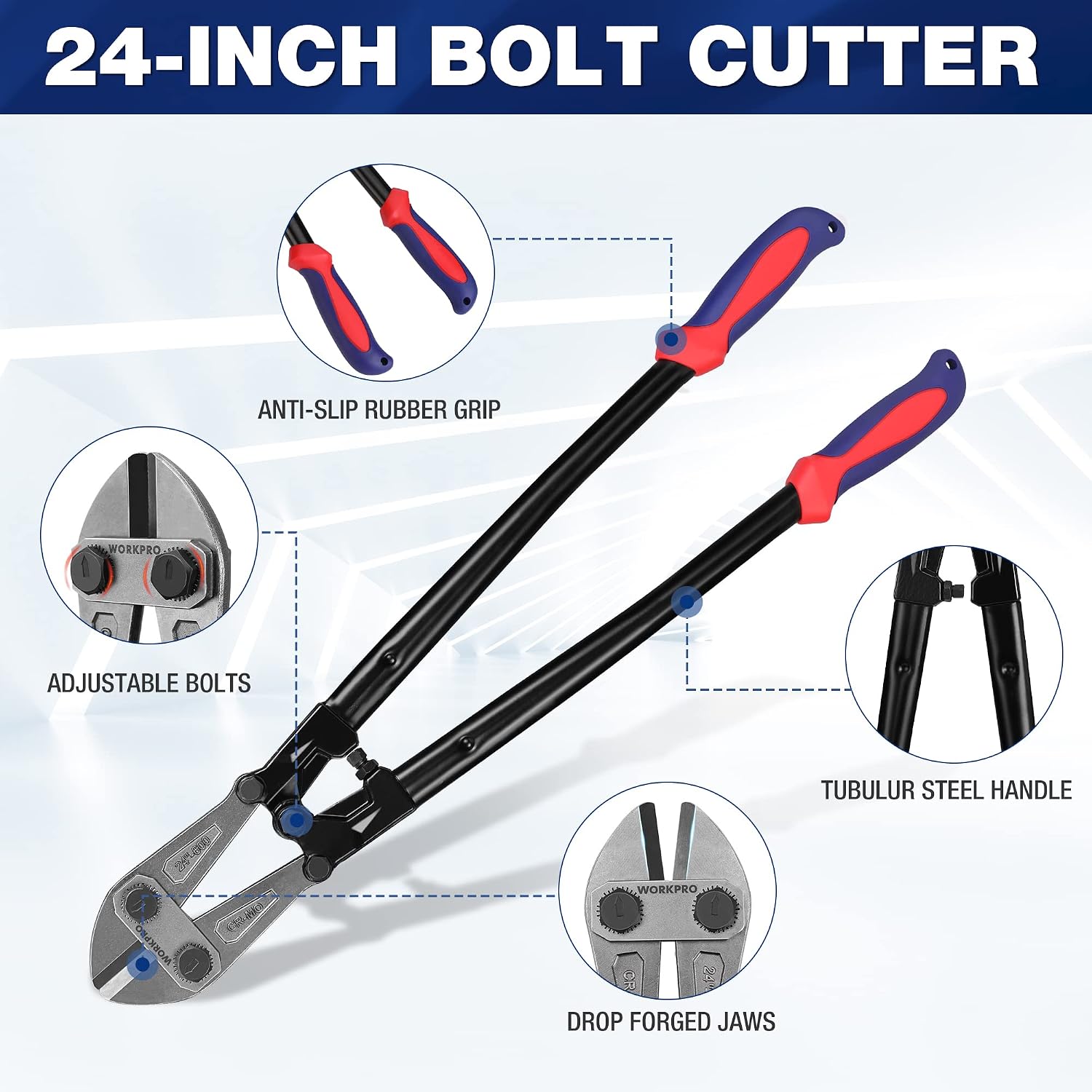WORKPRO W017006A Bolt Cutter, Bi-Material Handle with Soft Rubber Grip, 24", Chrome Molybdenum Steel Blade