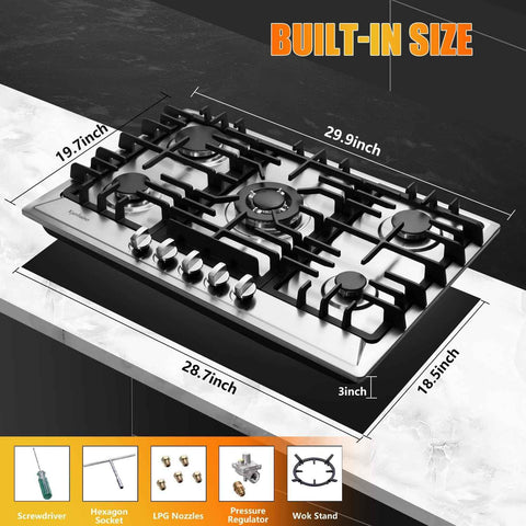 Gas Cooktop 30 Inch, Stainless Steel 5 Burners Gas Stovetop Built-in LPG/NG Convertible Gas Cooktop Dual Fuel Sealed Gas Stove
