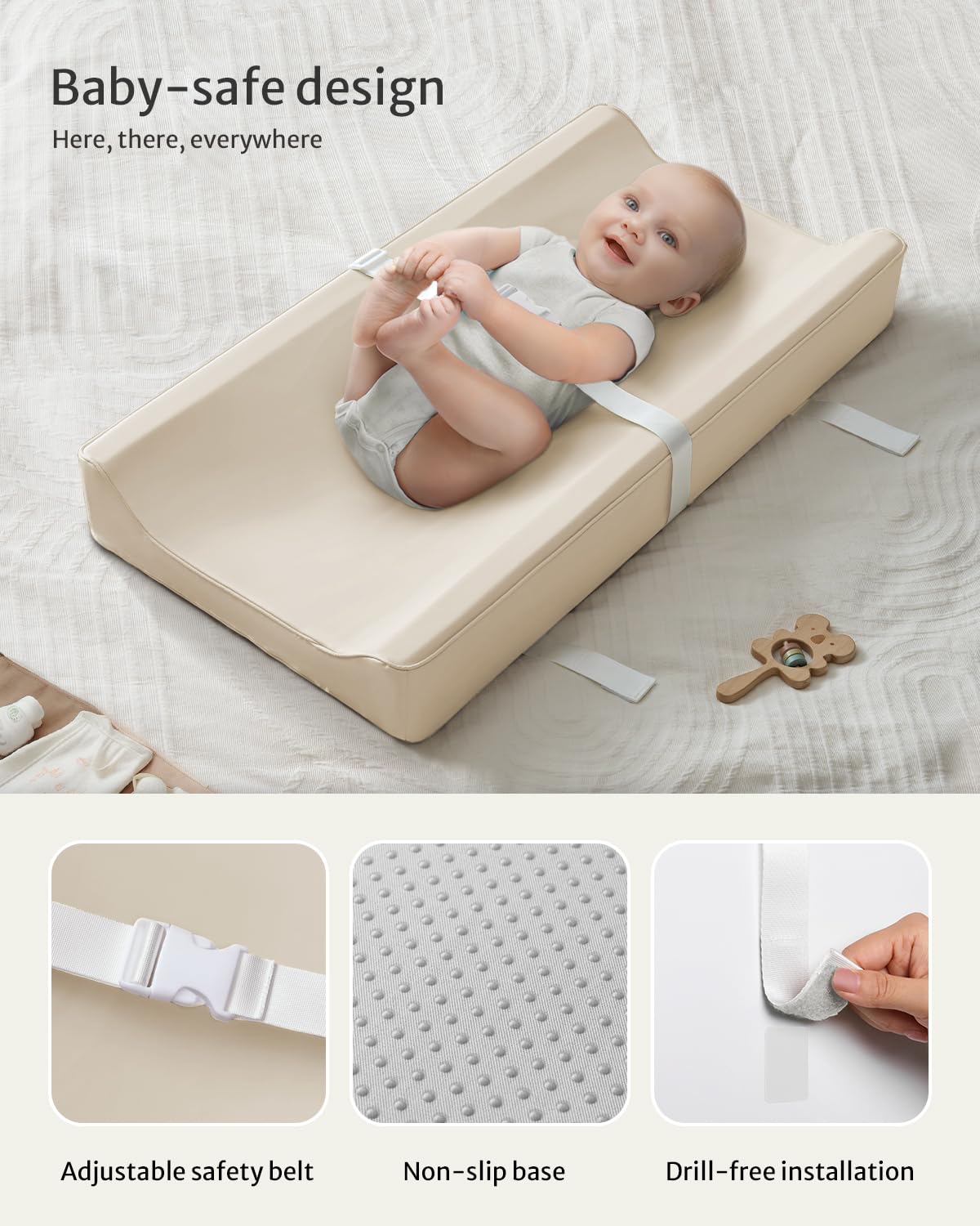 Blissful Diary Vegan Leather Baby Changing Pad with Waterproof & Wipe-Clean PU Cover, Standard Size Cozy Diaper Changing Pad for Dresser and Table, Beige
