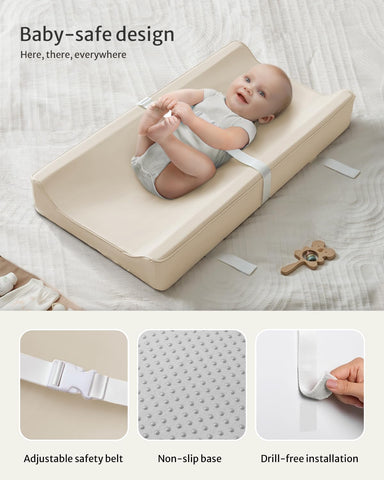 Blissful Diary Vegan Leather Baby Changing Pad with Waterproof & Wipe-Clean PU Cover, Standard Size Cozy Diaper Changing Pad for Dresser and Table, Beige