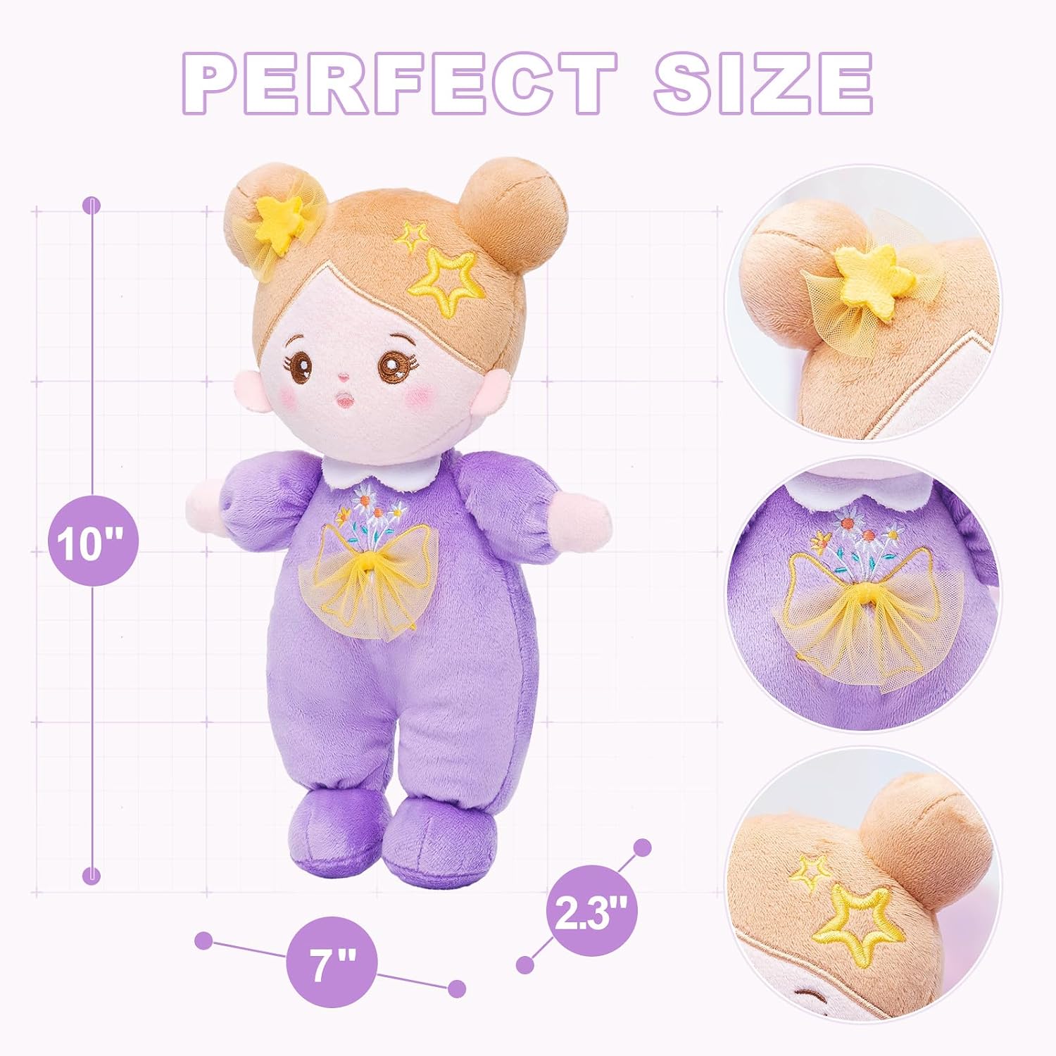 OUOZZZ Soft Plush Baby Doll 10" Daisy Purple Snuggle Buddy