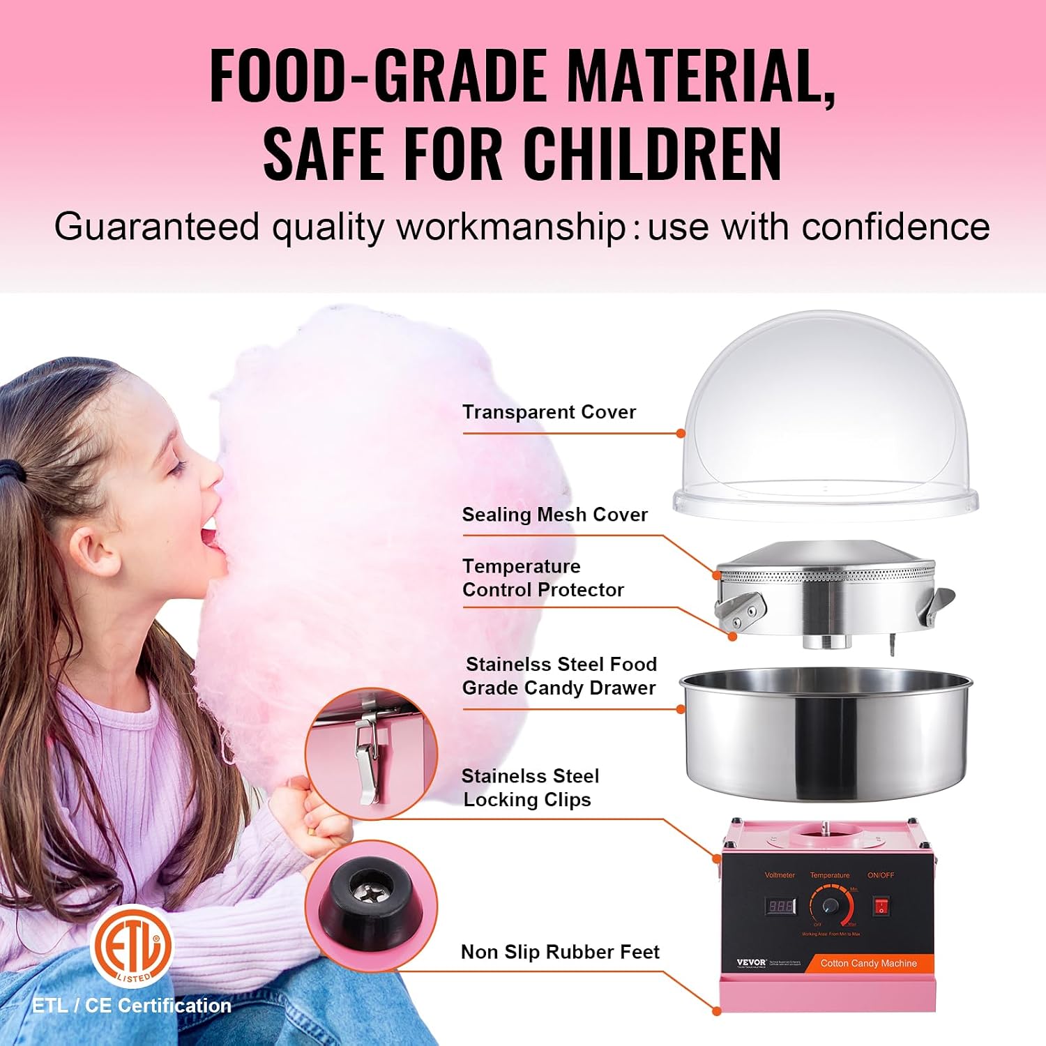VEVOR Cotton Candy Machine Commercial, 1000W Electric Floss Maker with Cover, Stainless Steel Bowl, Sugar Scoop, Storage Drawer, Perfect for Home, Carnival, Kids Birthday, Family Party, Pink
