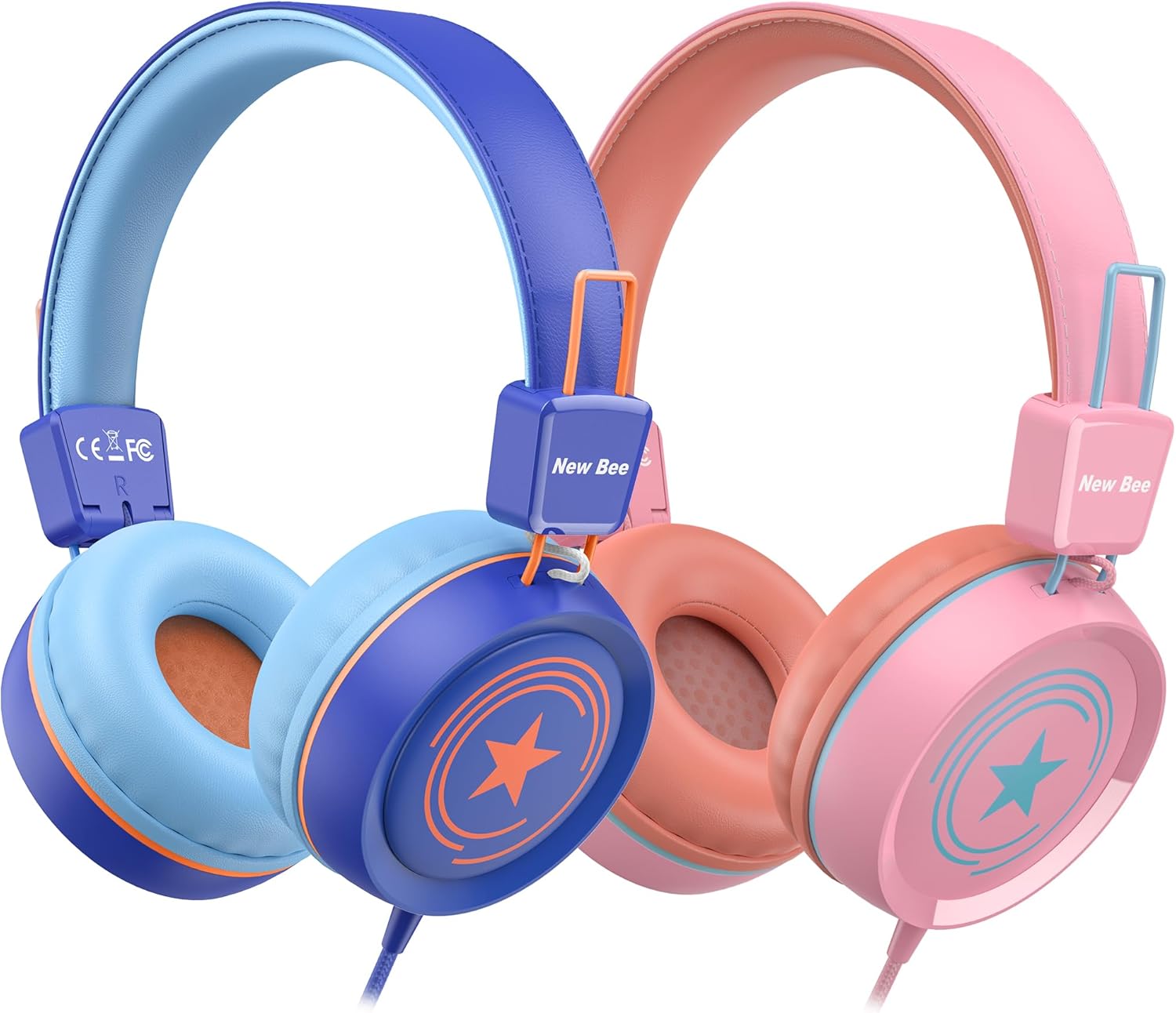 New Bee 2 Pack Kids Headphones with Microphone, 85dB/94dB Safe Volume Limited Childrens Headset, Foldable Wired Toddler Headphones Over Ear for School Travel Mac/Android/Kindle/Tablet/Pad Blue Pink