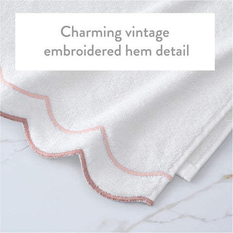 Peri Home 2 Piece Cotton Bath Towel Set, Embroidered, White, Blush Scallop