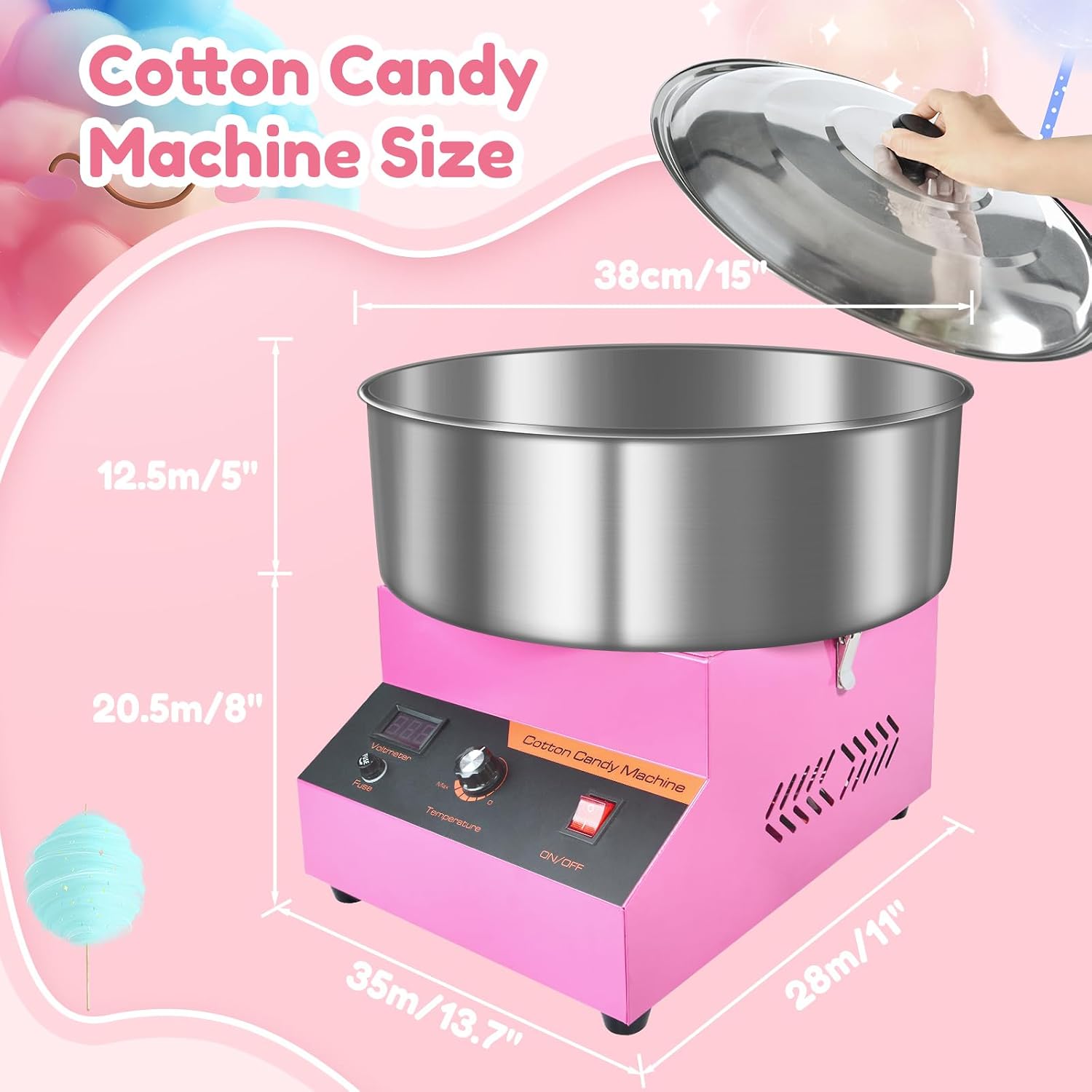 Cotton Candy Machine Commercial, Upgraded 1000W Efficiently Cotton Candy Maker with Stainless Steel Bowl, Bowl Cover, Sugar Scoop, Easy & Safe to Use, Candy Floss Maker for Home, Party, Festival