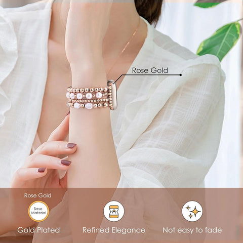 AIRSPO Gold Beaded Bracelets Compatible for Apple Watch Band 38mm 40mm 41mm 42mm Women, Fashion Handmade Dressy iPhone Watch Bands Stainless Steel Beads Elastic Strap for iWatch Series 11 10 9 SE 8 7 6 5 4 3 2 1 (Pink Pearl Rose Gold)