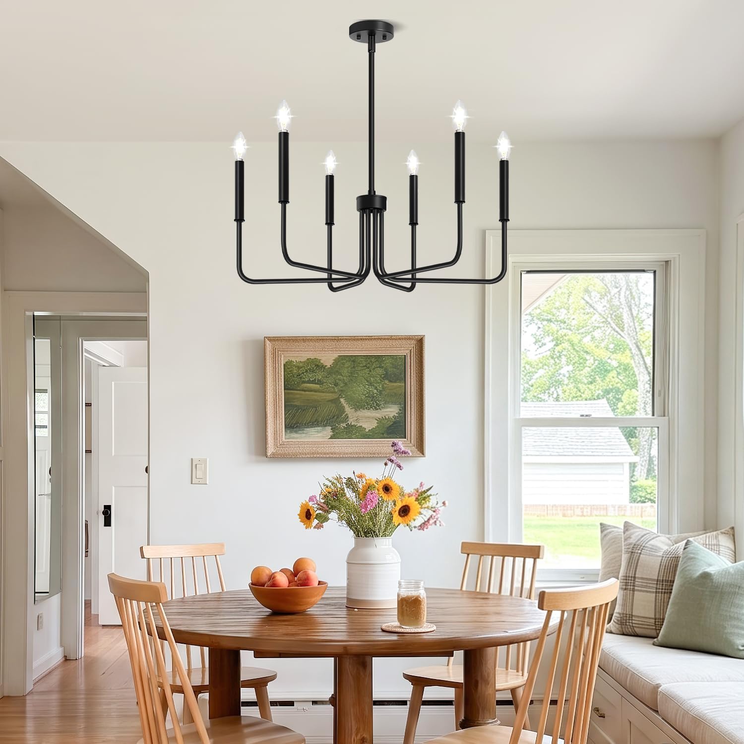 Black Chandelier, 6-Light Farmhouse Chandelier for Dining Room Lighting Fixtures Hanging, Industrial Modern Chandelier for Bedroom, Foyer, Hall, Kitchen, Living Room, Entryway (No Assembly Required)