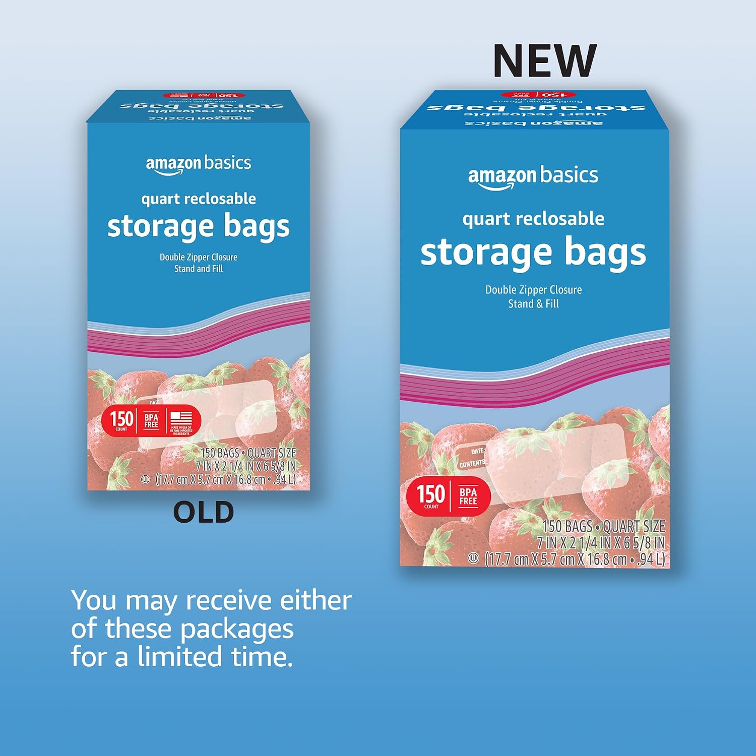 Amazon Basics Reclosable Quart Food Storage Bags with Double Zipper Seal, BPA Free, 150 Count