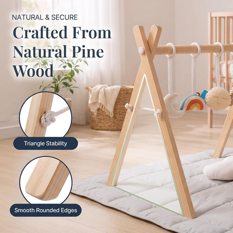 Wooden Play Gym with Beige Mat, Foldable Baby Play Gym, Infant Activity Mat with 6 Hanging Toys, Natural Pine Wood Frame Activity Center, Easy to Assemble & Clean, Newborn Present for Boys & Girls