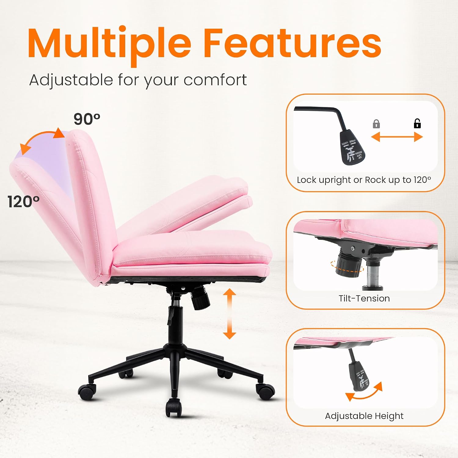 NEO CHAIR Criss Cross Chair with Wheels Armless Vanity Desk Office Wide Comfy Chair Cross Legged Adjustable Swivel Rolling Computer for Home Office PU Leather (Pink-Leather)